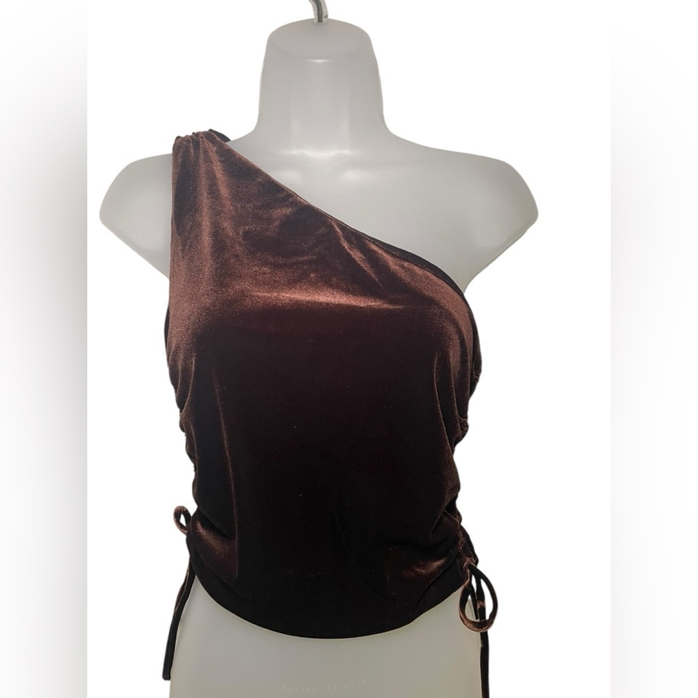 Amanda Uprichard Ania Brown Velvet One Shoulder Top XS Asymmetrical Ruched - Picture 4 of 8
